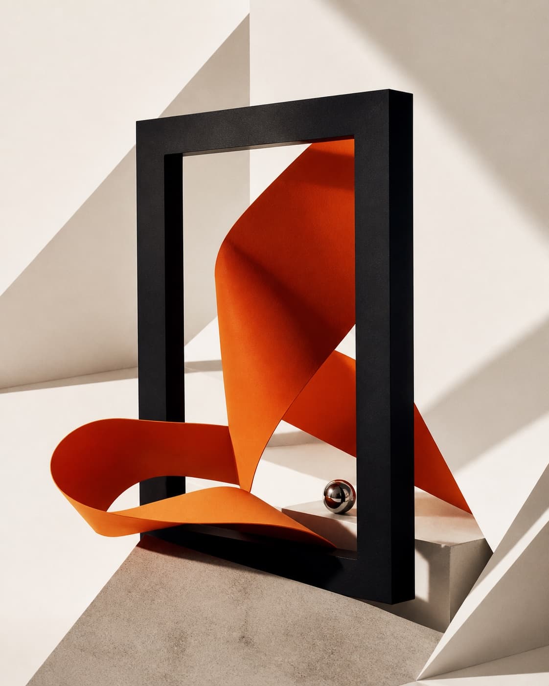 Ember-orange paper sculpture passing through a precise black frame